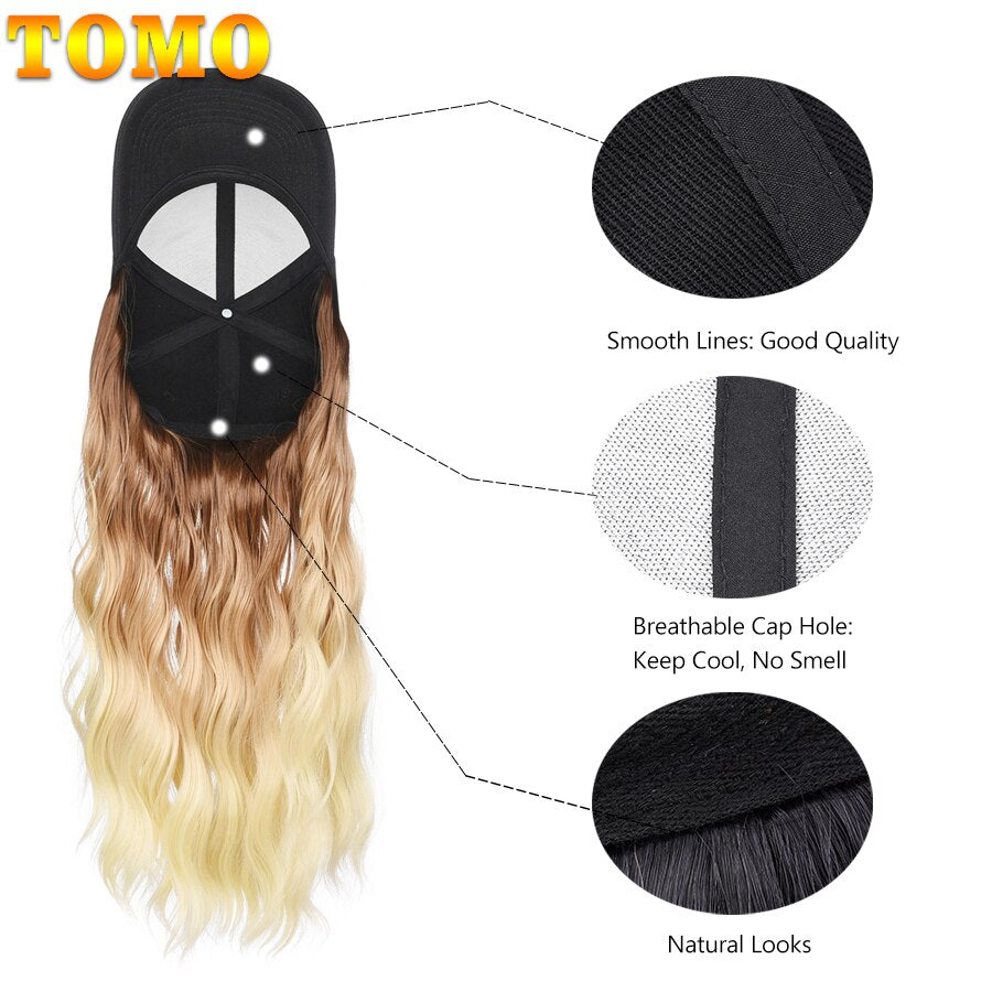 TOMO Baseball Cap with Hair Extensions for Women Adjustable Hat with Synthetic Wig Attached 16inch Natural Wavy Hair