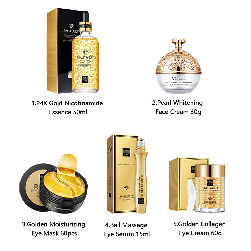 24K Gold Skincare Set Nicotinamide Face Essence Fade Dark Eye Circles Collagen Eye Cream Firming Skin Eye Mask Face Care Kit - DJVWellnessandPets