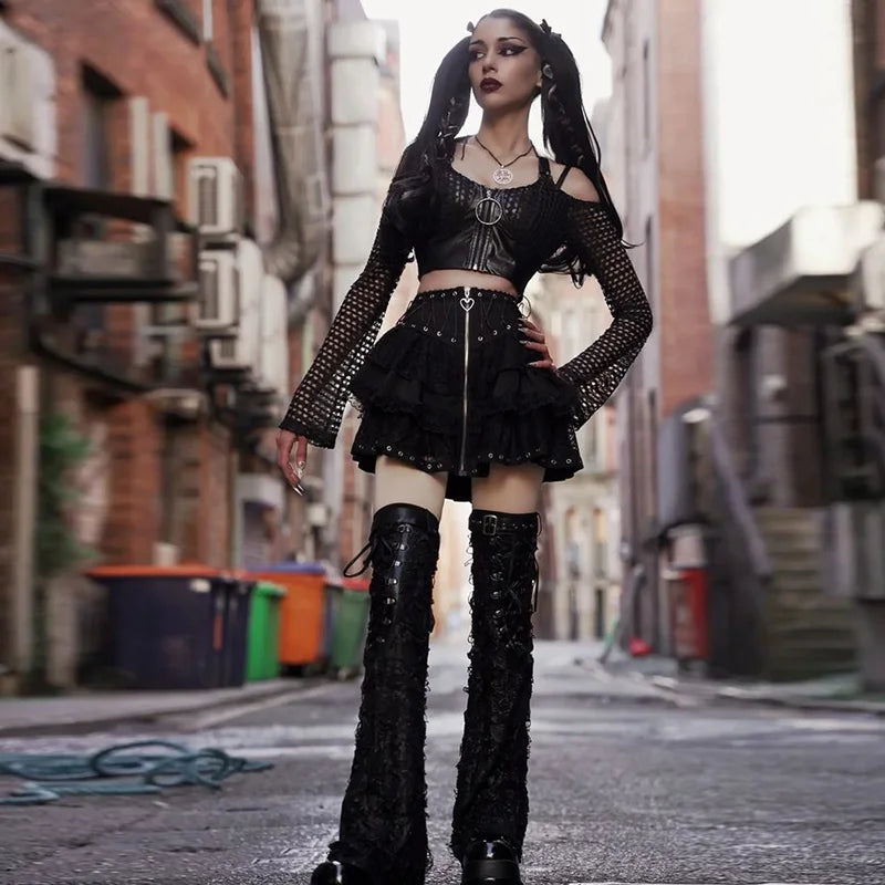 Y2K Gothic Black Lace Mesh Mini Skirts