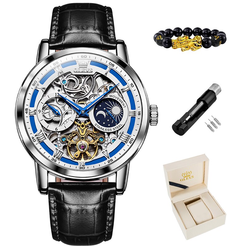 OLEVS New Mens Luxury Skeleton Automatic Mechanical Wrist Watches Waterproof Leather Moon Phrase Luminous Hands Self-Wind Watch