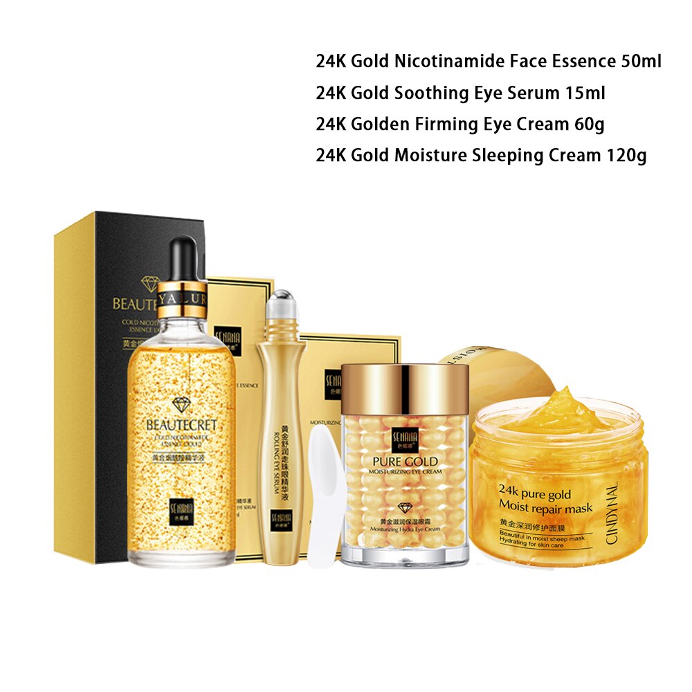 24K Gold Skincare Set Nicotinamide Face Essence Fade Dark Eye Circles Collagen Eye Cream Firming Skin Eye Mask Face Care Kit - DJVWellnessandPets