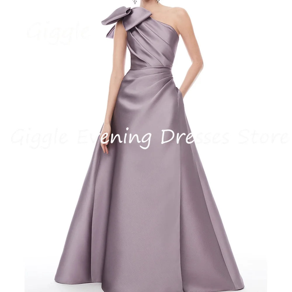 Satin A-line One-shoulder Ruffle Formal Elegant Prom Gown Evening Party