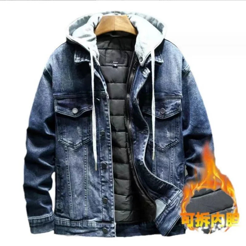 Men Black Blue Winter Jean Jackets Outerwear Warm Denim