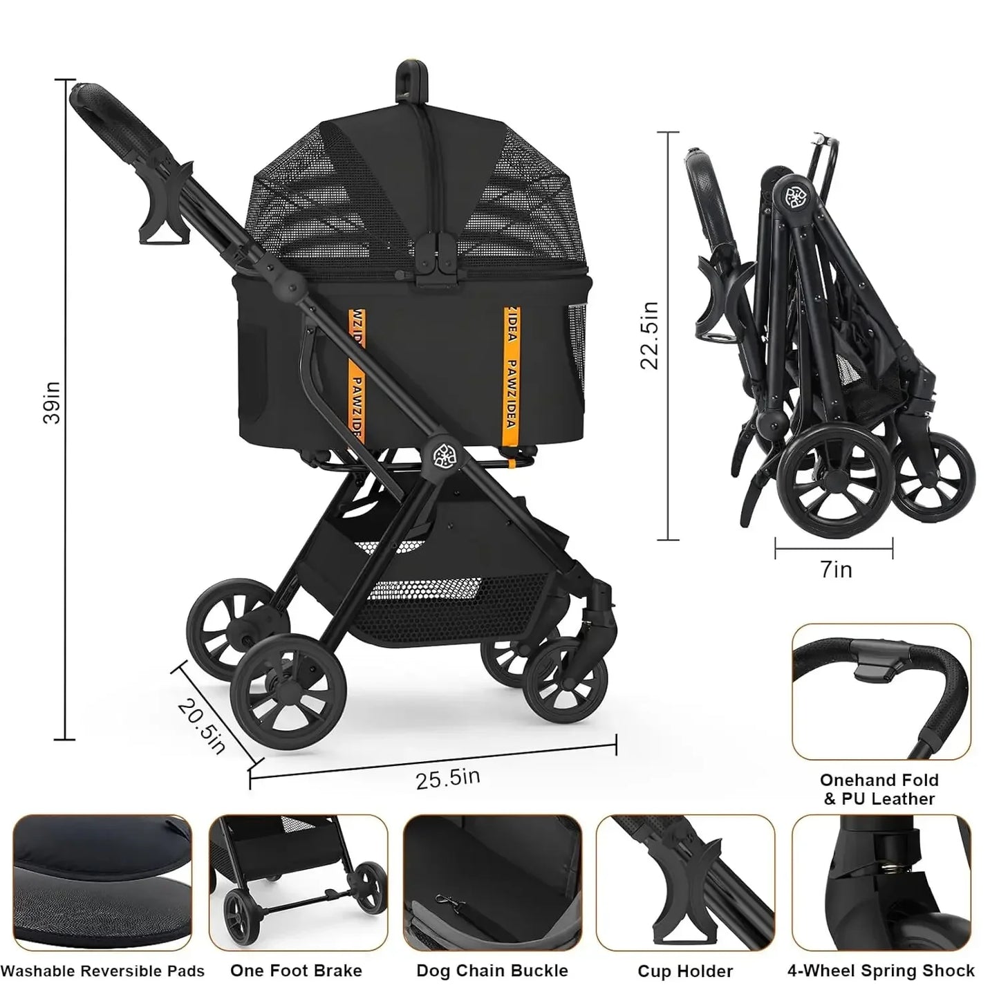 PAWZIDEA Pet Stroller 4 in 1 for Small/Medium