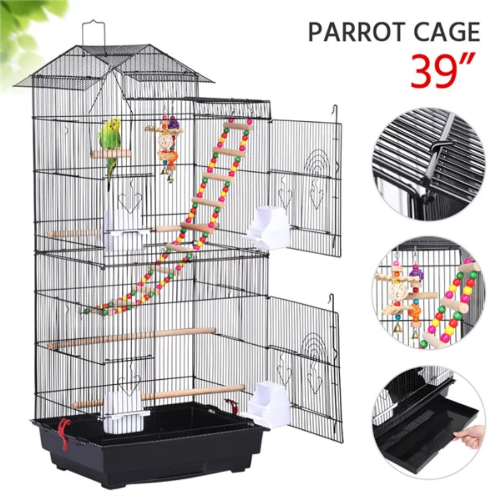 39" Metal Bird Cage with Perches and Toys,Durable, Sturdy,Heavy-Duty,Safe, TD2cqm0001