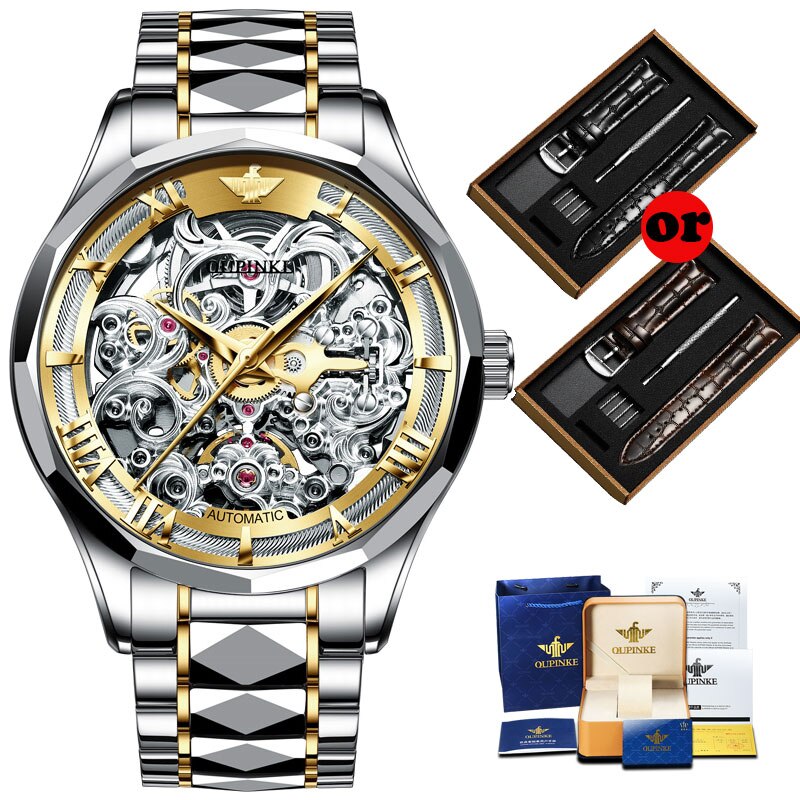 OUPINKE Original Mechanical Watches Gold Skeleton Self Winding Sapphire Crystal Waterproof Tungsten Steel TOP Wristwatch