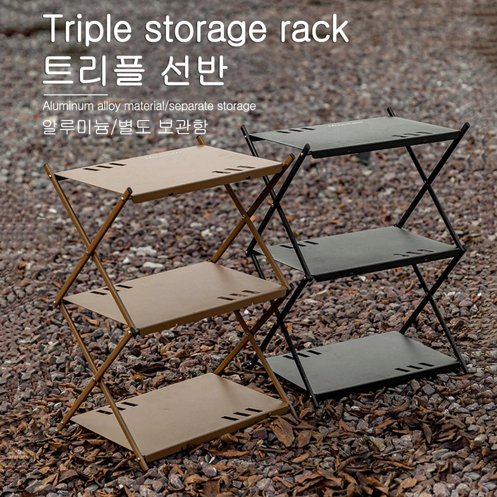 Three-tier Rack Outdoor Storage Shelf Portable Aluminum Alloy Folding Shelf with Storage Bag Camping Picnic BBQ Storage Rack