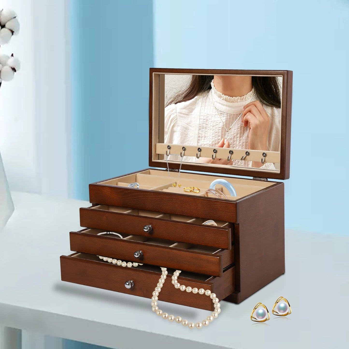 4-tier Wooden Jewellery Box With Drawers & Mirror