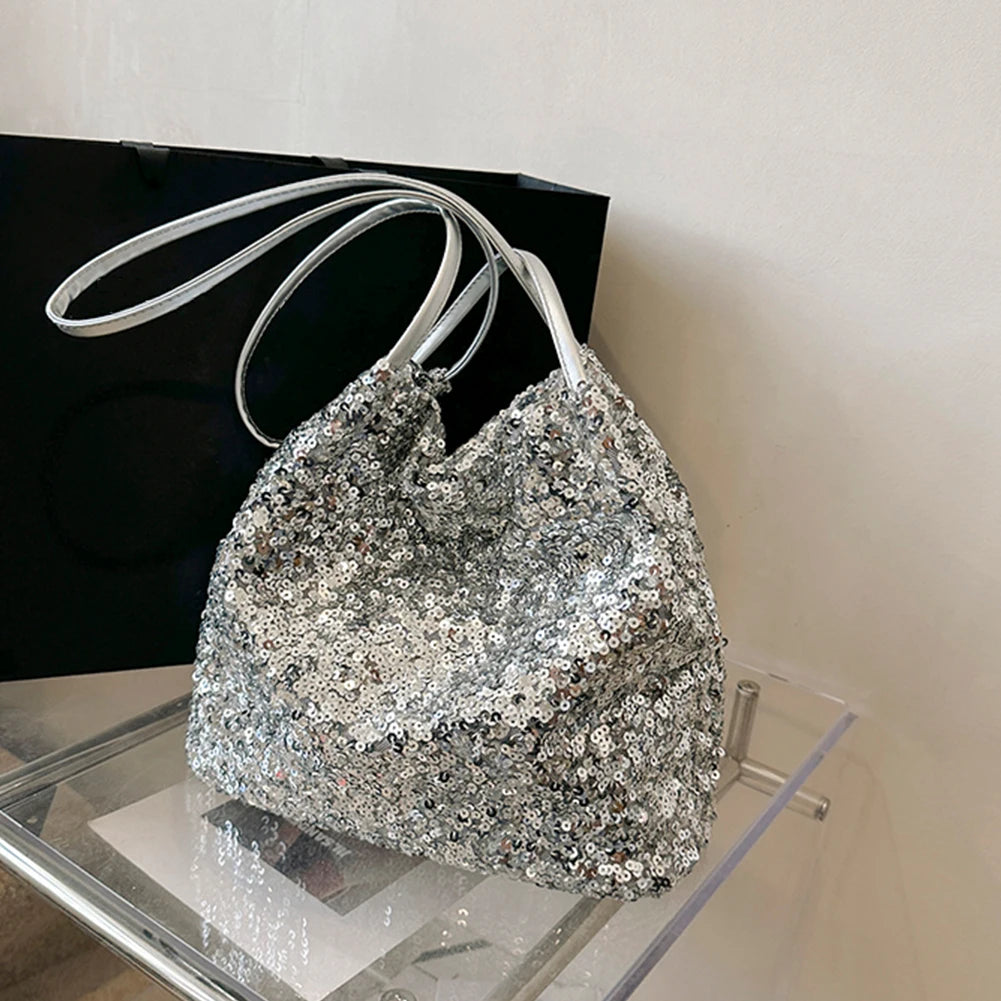 Women's Shoulder Bag Large Capacity Sequins Pillow Handbag Bags Luxury Sparkling Bucket Bag Ladies Leisure Solid Color Totes Bag