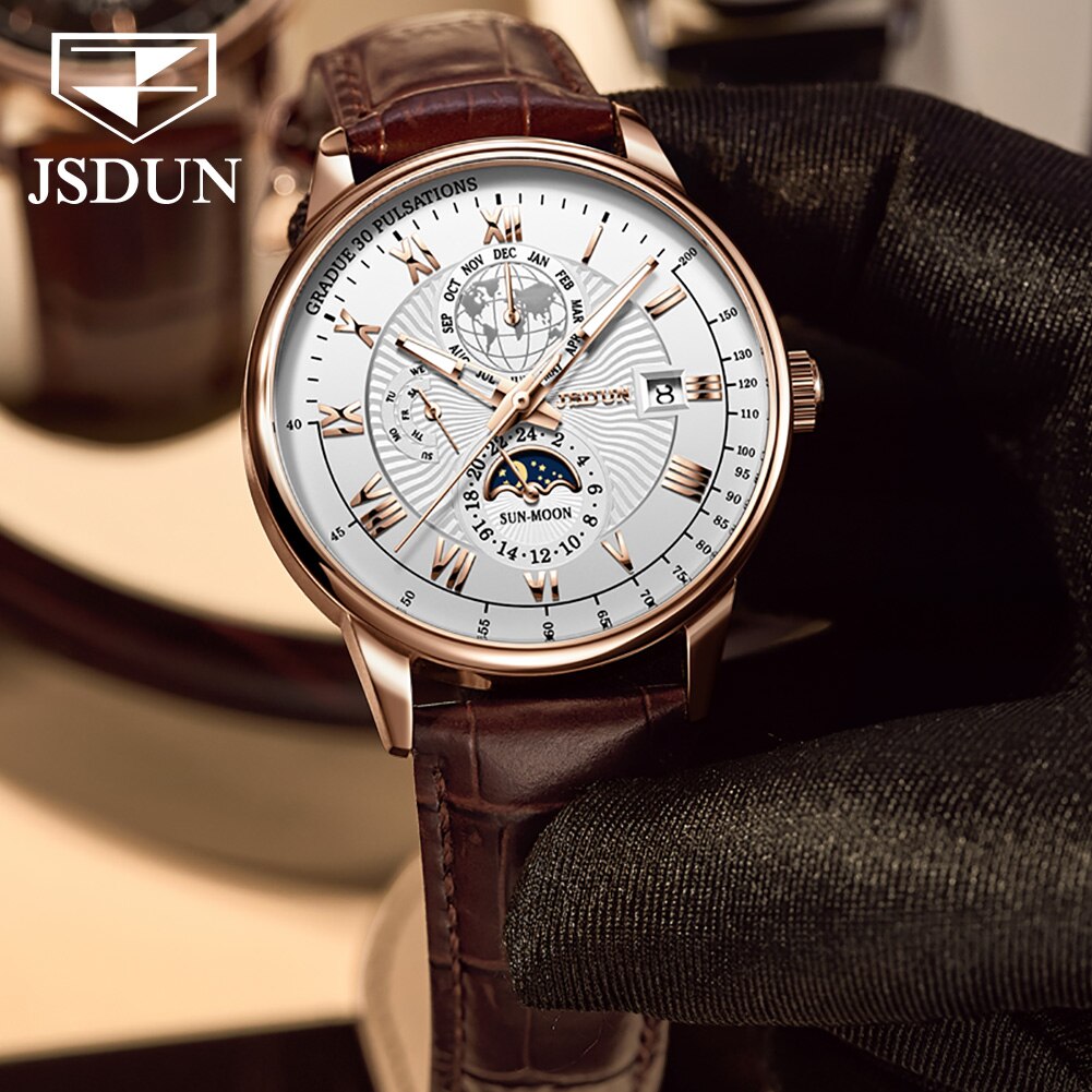 JSDUN Mechanical Watch Luminous Leather Strap Waterproof Top Brand Luxury Business Watch For Men Moonswatch 8909 - DJVWellnessandPets