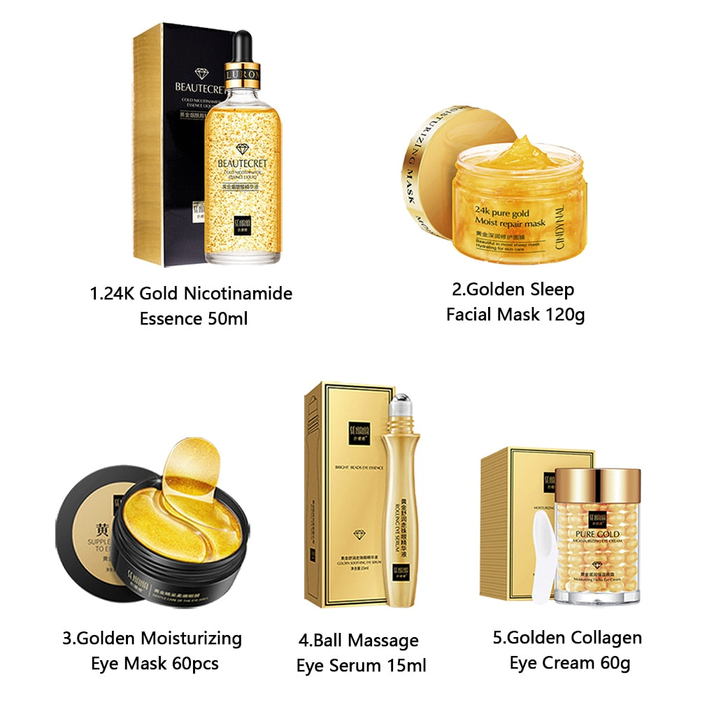 24K Gold Skincare Set Nicotinamide Face Essence Fade Dark Eye Circles Collagen Eye Cream Firming Skin Eye Mask Face Care Kit - DJVWellnessandPets