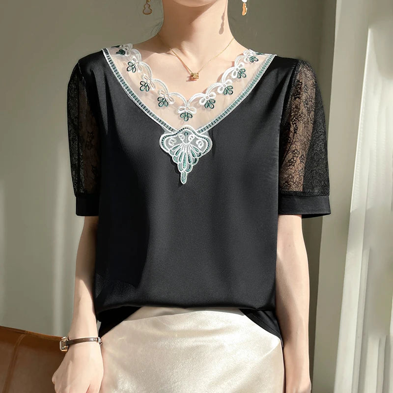 Spring/Summer Elastic Satin V-neck Lace Plus Size Shirt