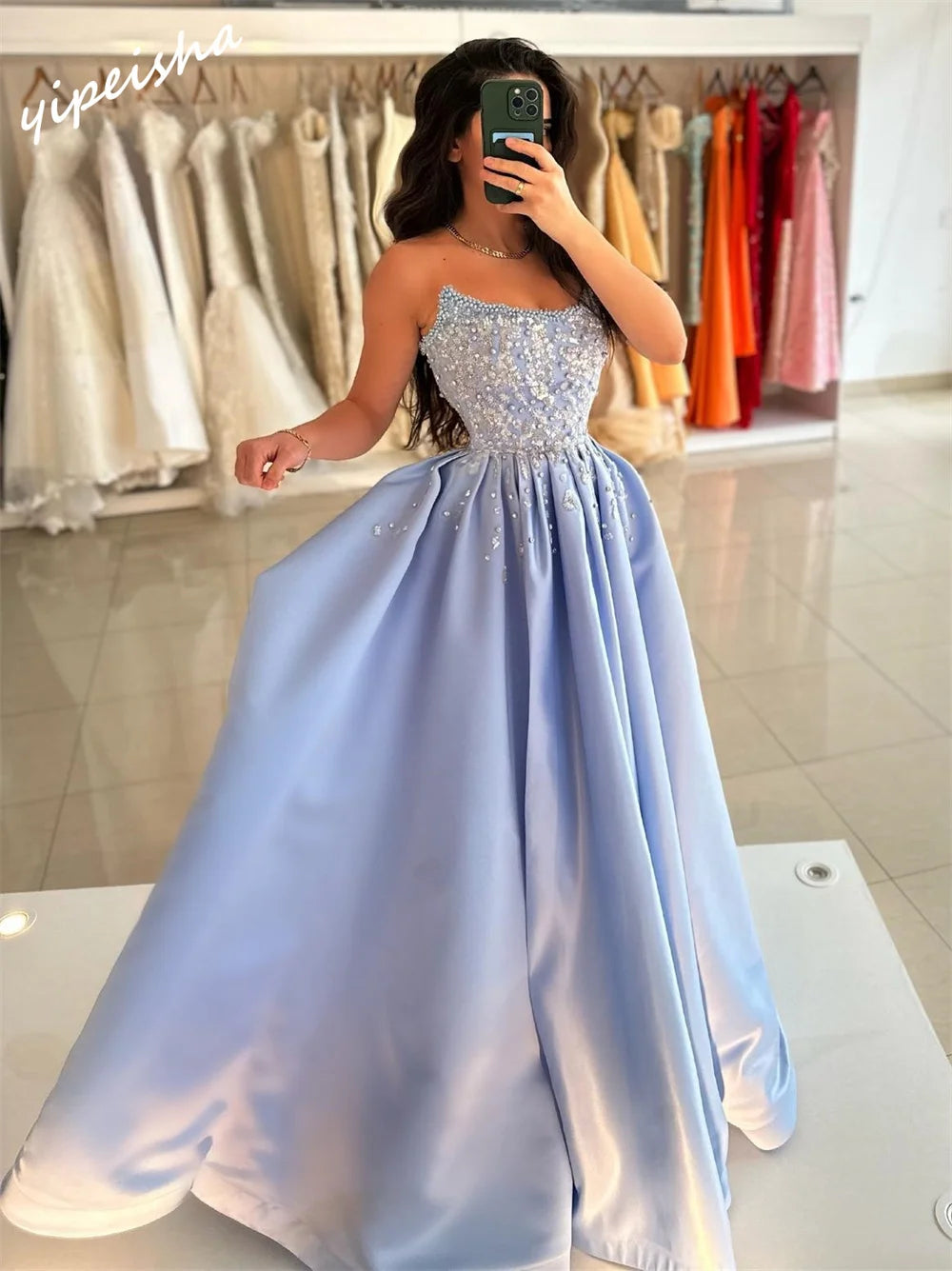 Yipeisha Prom Wedding Dinner Dress Exquisite Strapless Ball Gown Satin