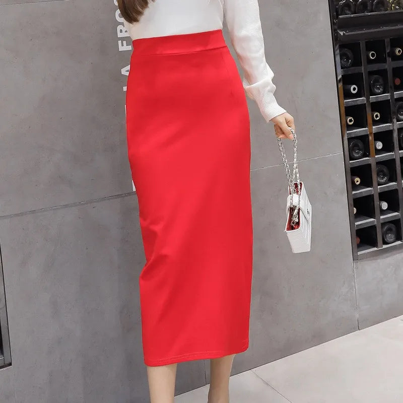 Stretch Pencil, Office Lady, Formal Black Midi Skirts, Elegant Hip Skirts