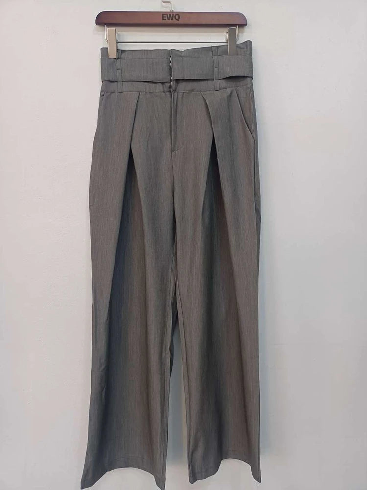 Loose Patchwork Pleated Trousers High Waist Bandage Pockets