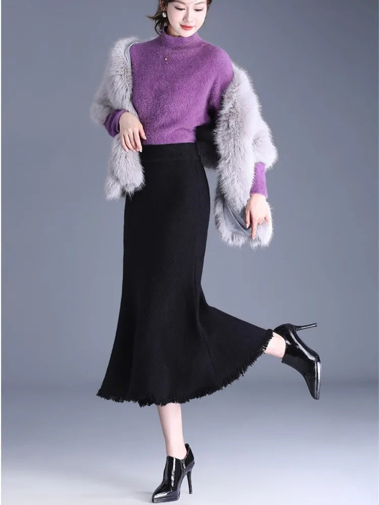 Elastic High Waist Knitting Wool Black Slim Fit