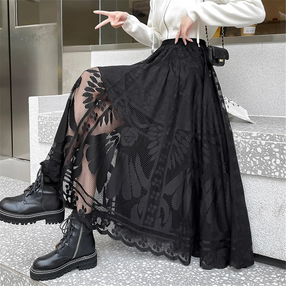 Elegant High Waist Black Big Swing Tulle Skirt