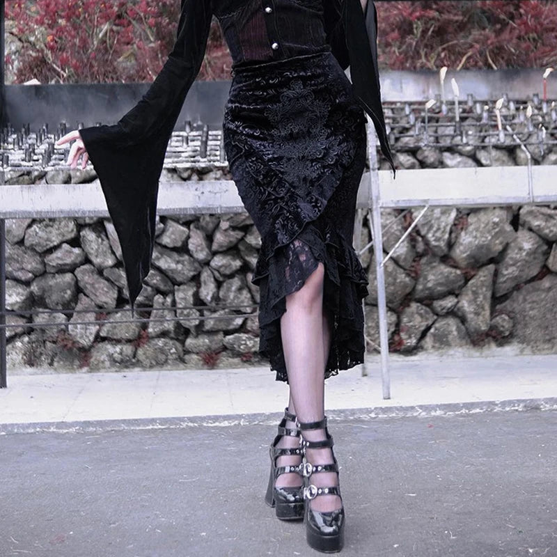 Goth Dark Vintage Mall Gothic Ruffles Mermaid Skirts