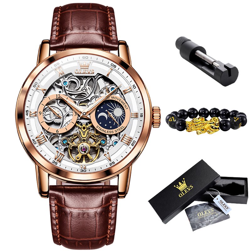 OLEVS New Mens Luxury Skeleton Automatic Mechanical Wrist Watches Waterproof Leather Moon Phrase Luminous Hands Self-Wind Watch