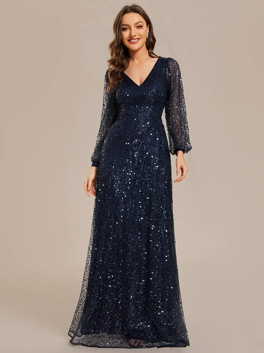 Gorgeous Evening dresses V-neck long sleeve Legant waisted Floor-Length 2023 BAZIIINGAAA of Sequin Navy Blue Guest dress