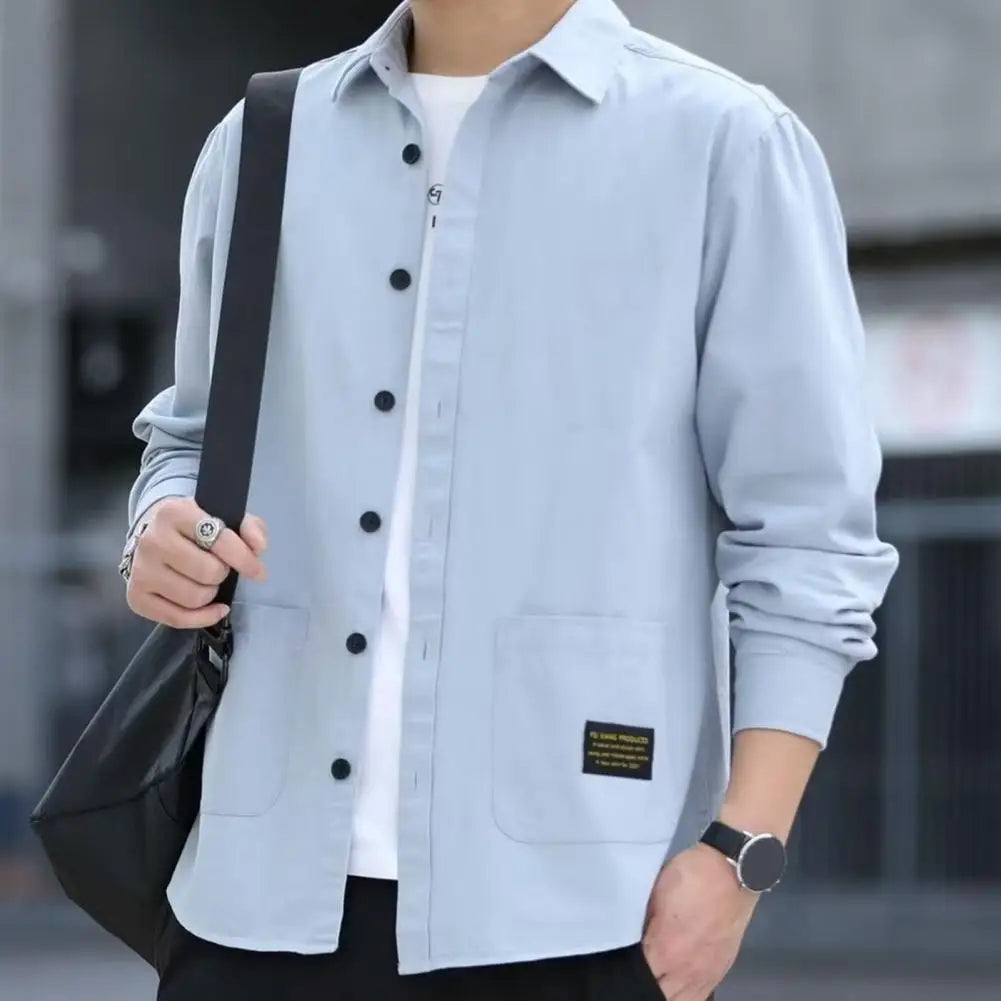 Autumn Tops Long Sleeves Single-breasted Thermal Korean Style Men Autumn Shirt   Men Tops  for School