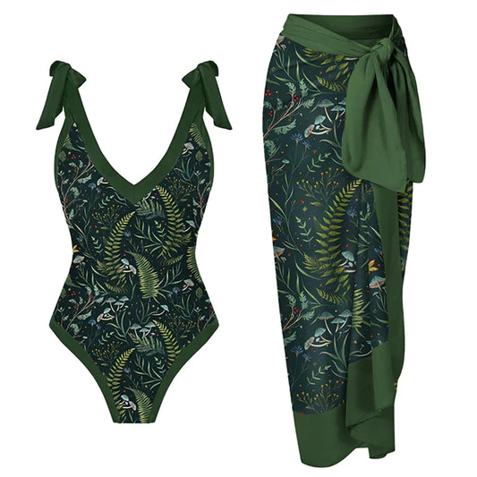 Green Plant Print Slim One-piece Bikini V-neck Bow Strapless