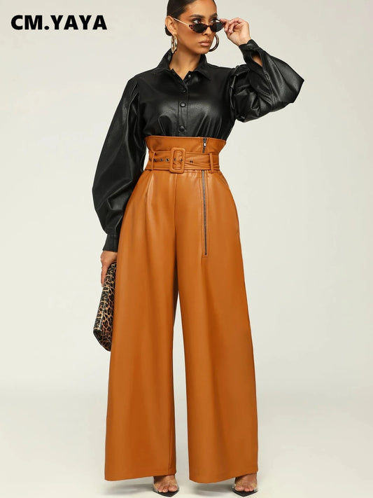 Fashion Faux Leather High Waist with Sashes Wide Leg Loose Pants