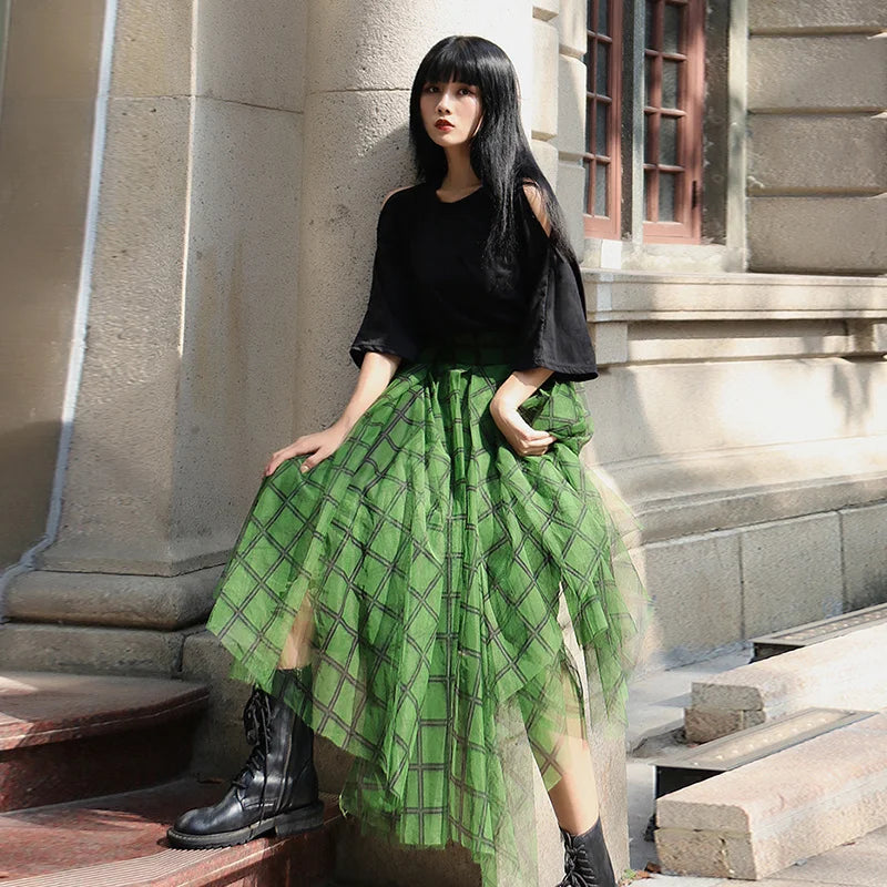 Green Plaid Print Skirt  Spring Fashion Asymmetric Elastic Waist