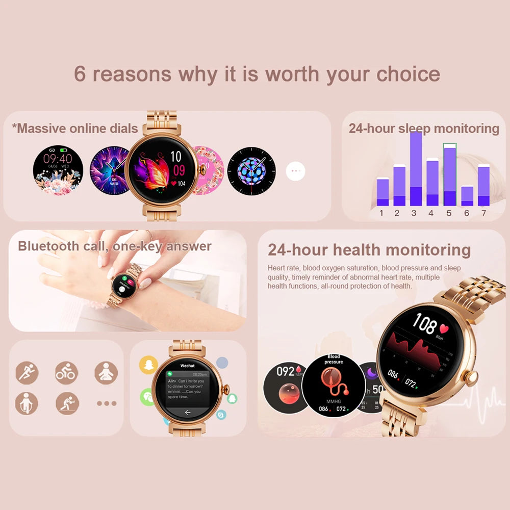 AMOLED Small Screen Fashion Women Smart Watch 454*454 HD Pixel Screen Always Show Time Bluetooth Call Smartwatch Metal Body 2023