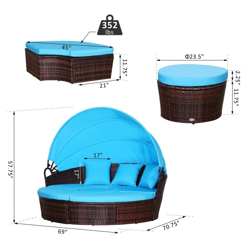 Blue 4-Piece Rattan Patio Furniture Set,Sunbed with Adjustable Sun Canopy, Sectional Sofa, 2 Chairs, Table, 3 Pillows - DJVWellnessandPets