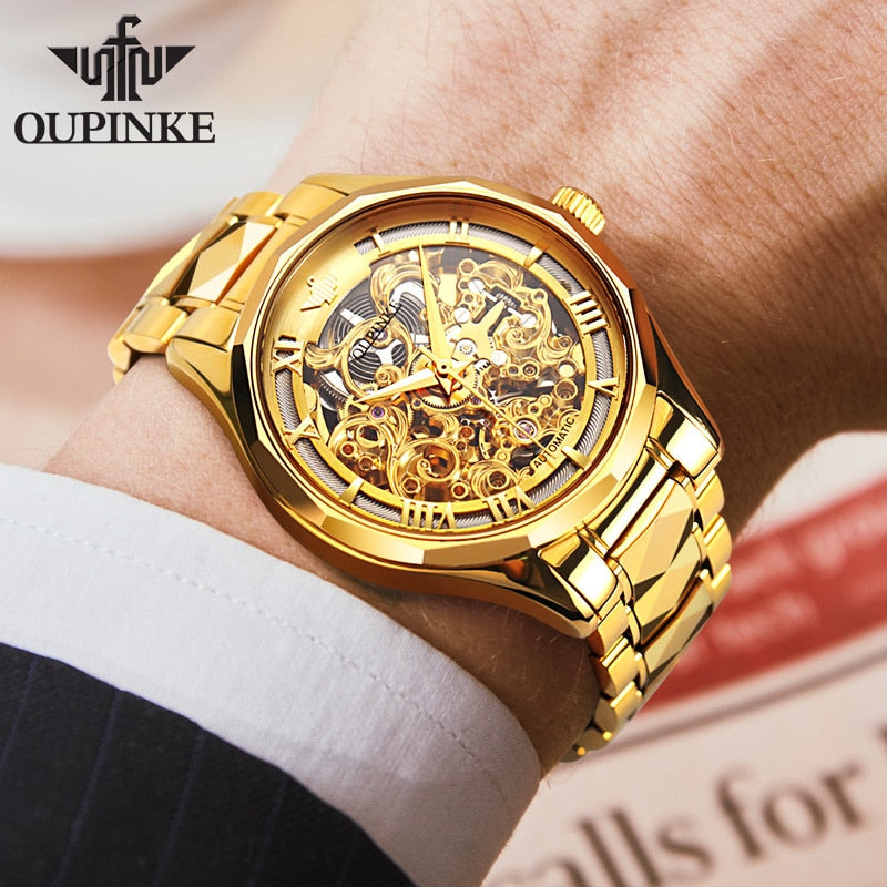 OUPINKE Original Mechanical Watches Gold Skeleton Self Winding Sapphire Crystal Waterproof Tungsten Steel TOP Wristwatch