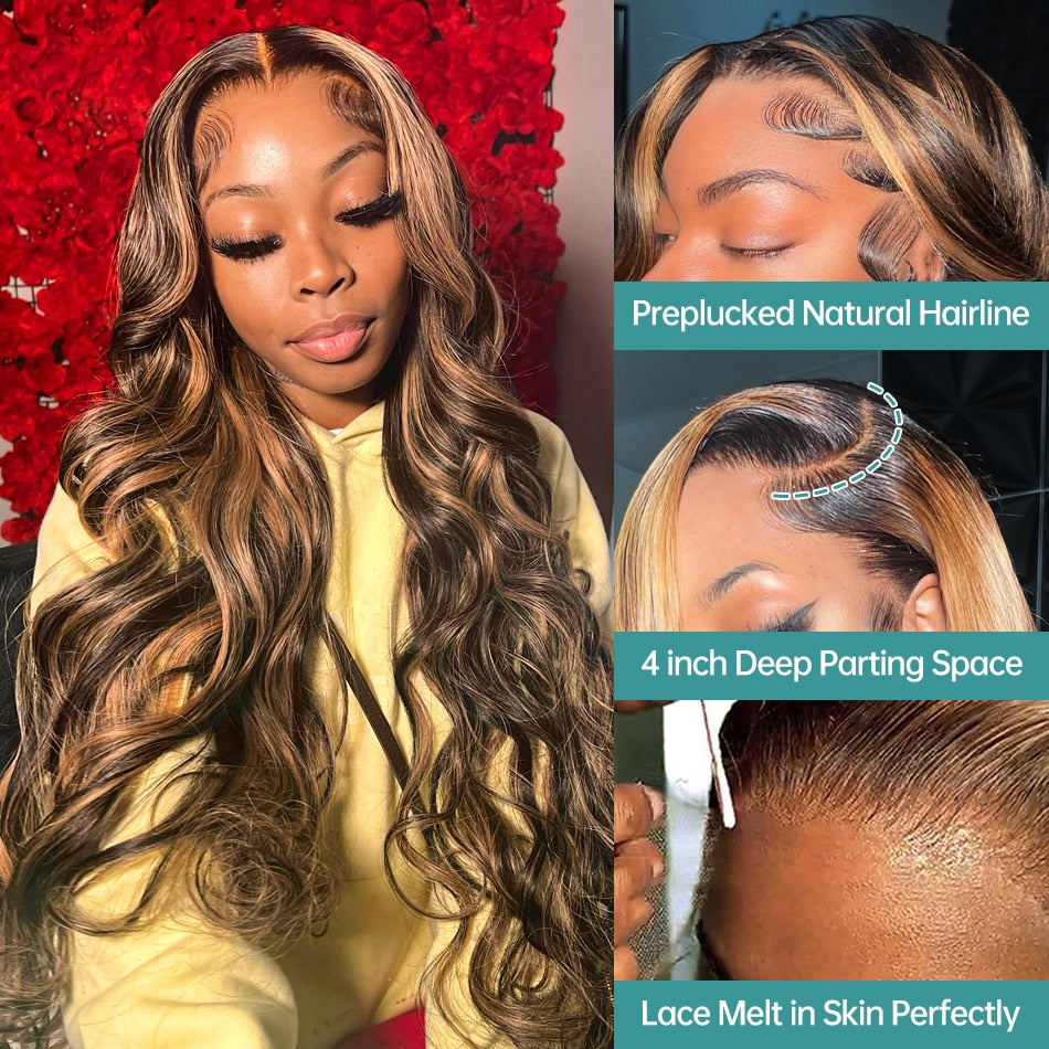 Highlight Wig Human Hair 13x4 Lace Frontal Wig Colored Human Hair Wigs For Women 30 Inch Honey Blonde Body Wave Lace Front Wig - DJVWellnessandPets