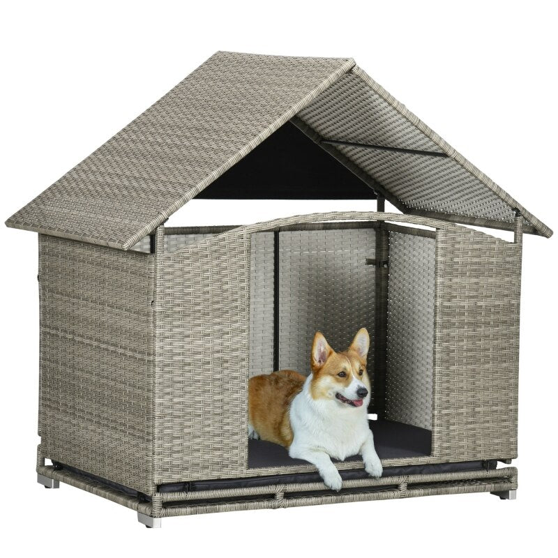 Wicker Dog House with Canopy, Rattan Dog Bed with Water Resistant Soft Cushion, Elevated Puppy House Shelter for Indoor Outdoor