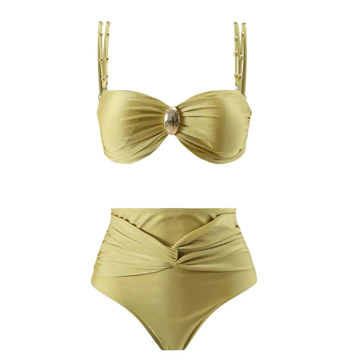 Solid Yellow High Waist Bikini Set Cover-Up