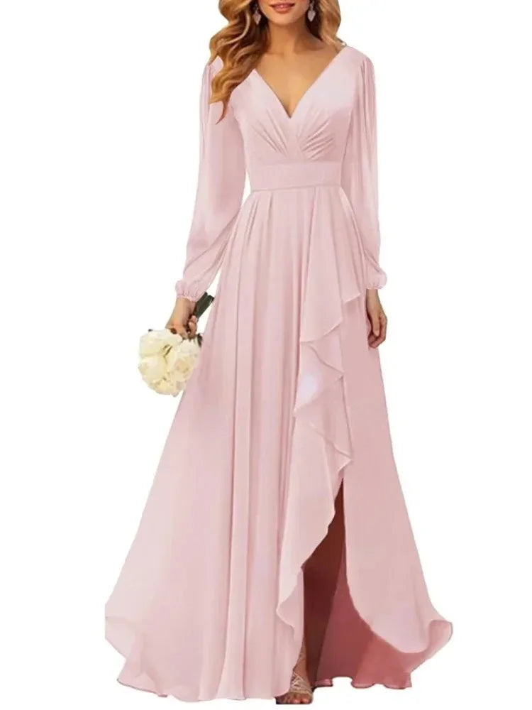 Deep V-neck Simple Evening Bridesmaid Dresses Prom Robe