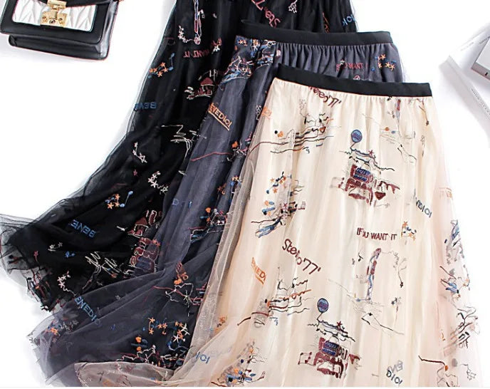 Elegant Embroidered Skirts Sequined High Waist Fairy Long Tulle