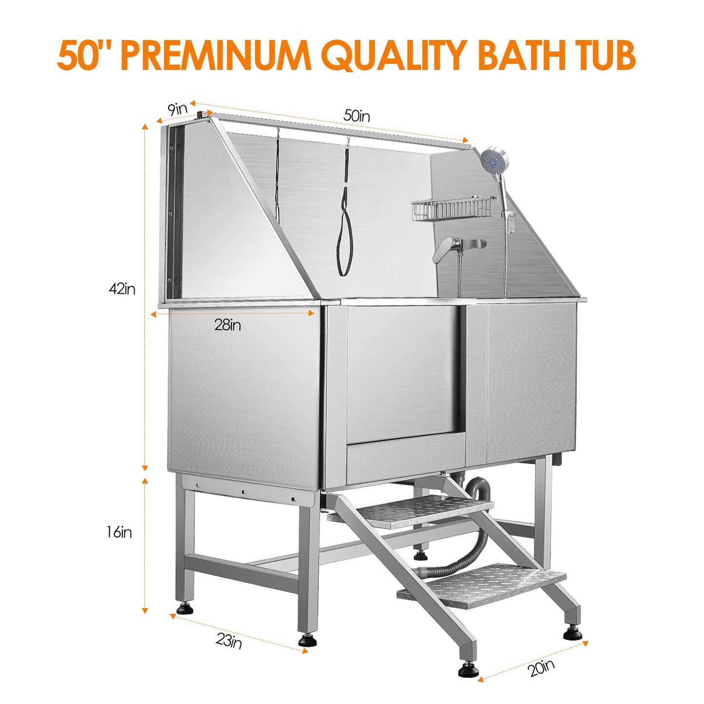 50 Inches Professional Stainless Steel Pet Dog Grooming Bath Tub Station Wash Shower Sink with Faucet Walk in Ramp Accessories