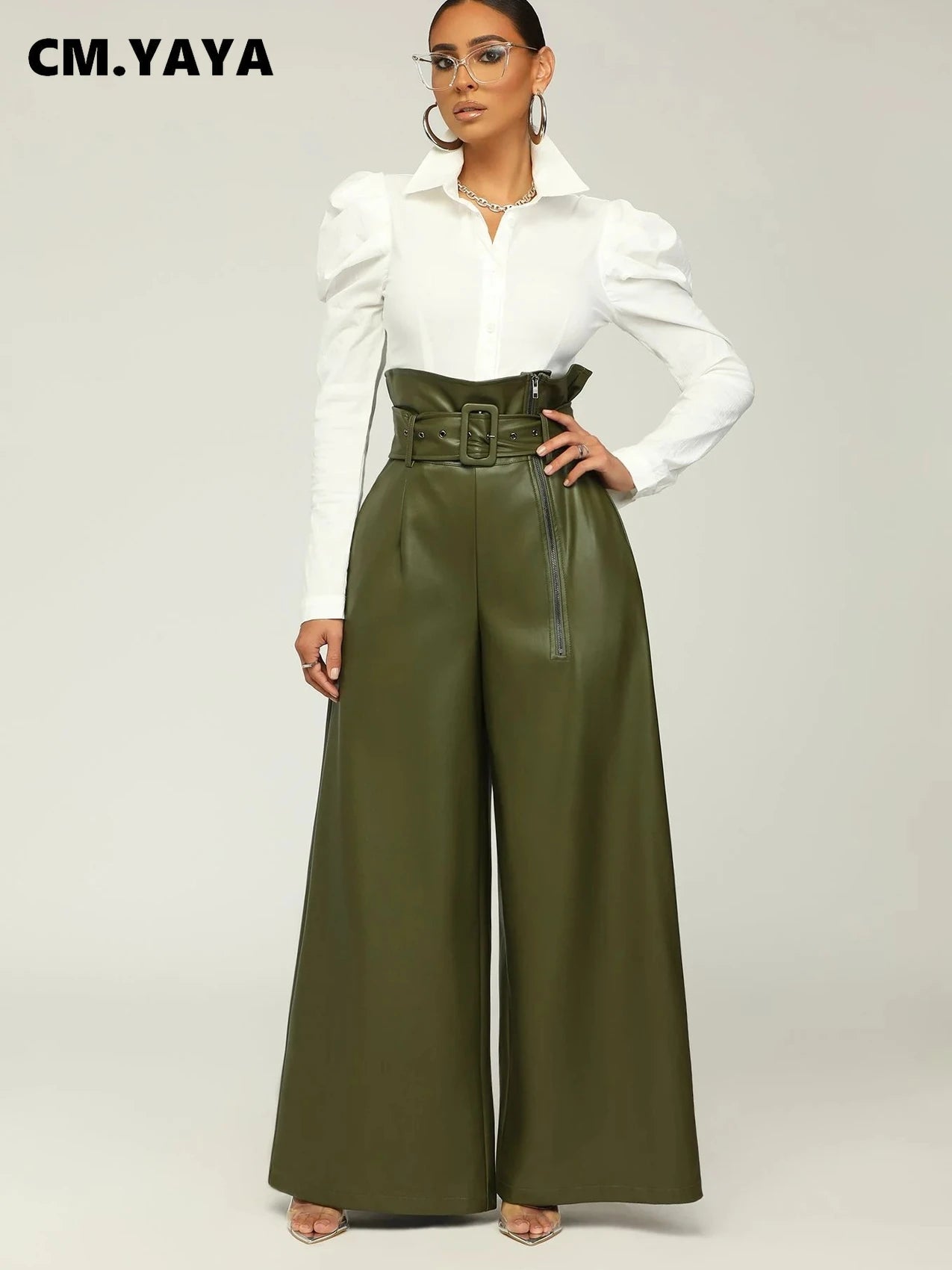 Fashion Faux Leather High Waist with Sashes Wide Leg Loose Pants