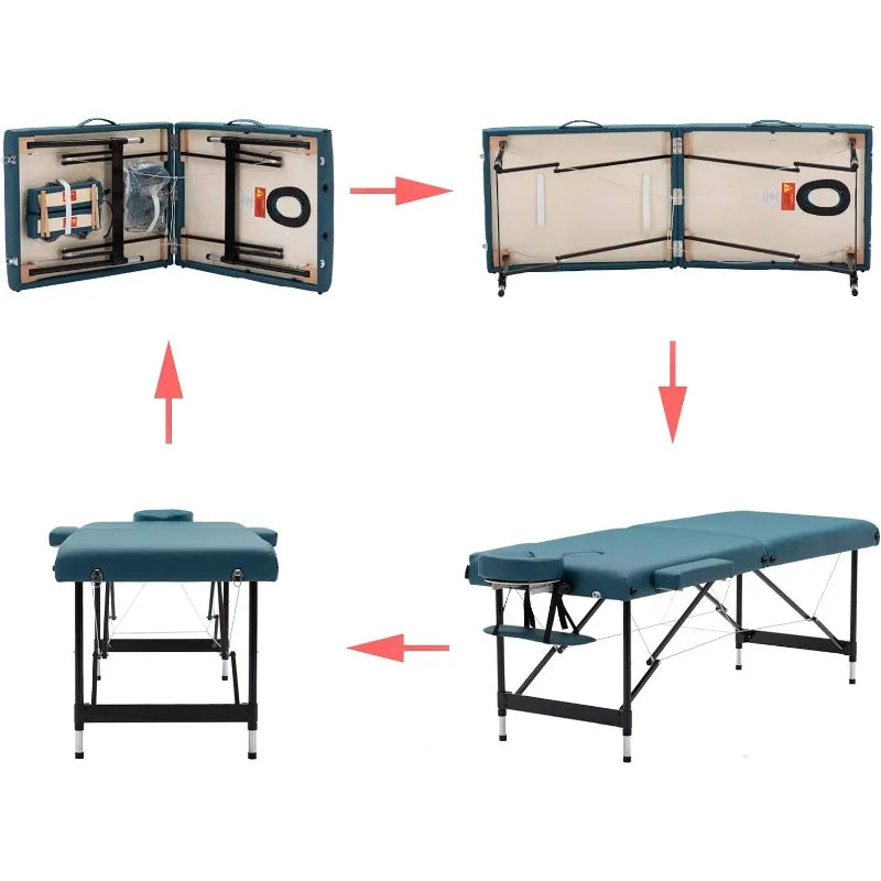 Lightweight Massage Table with Aluminium Frame, 2 Fold Beauty Therapy Bed， w/Free Carry Case, Face Cradle, Arm Rests