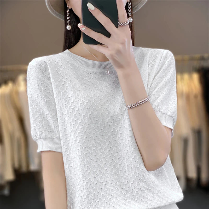 Pure Cotton Hollow Short-Sleeved Ladies Tops