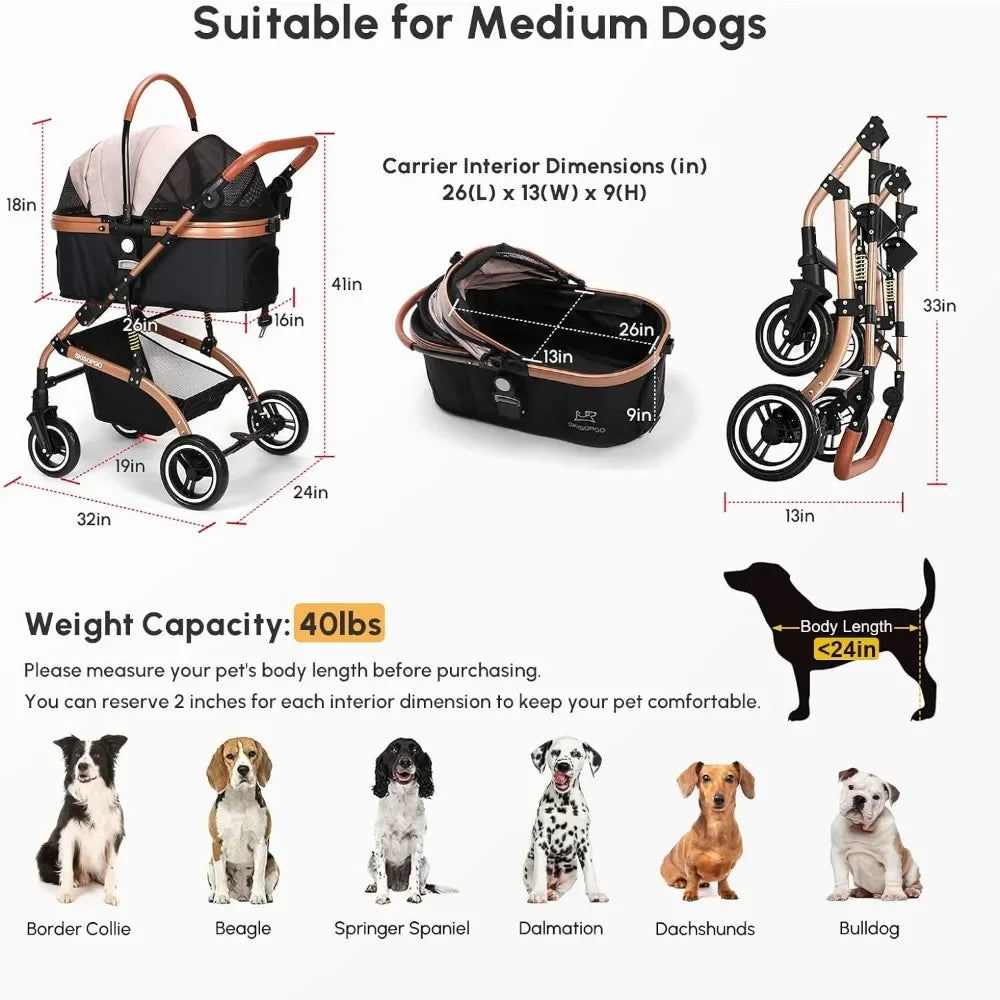 Pet Trolley 3-in-1 Pet Strollers for Small Medium Foldable