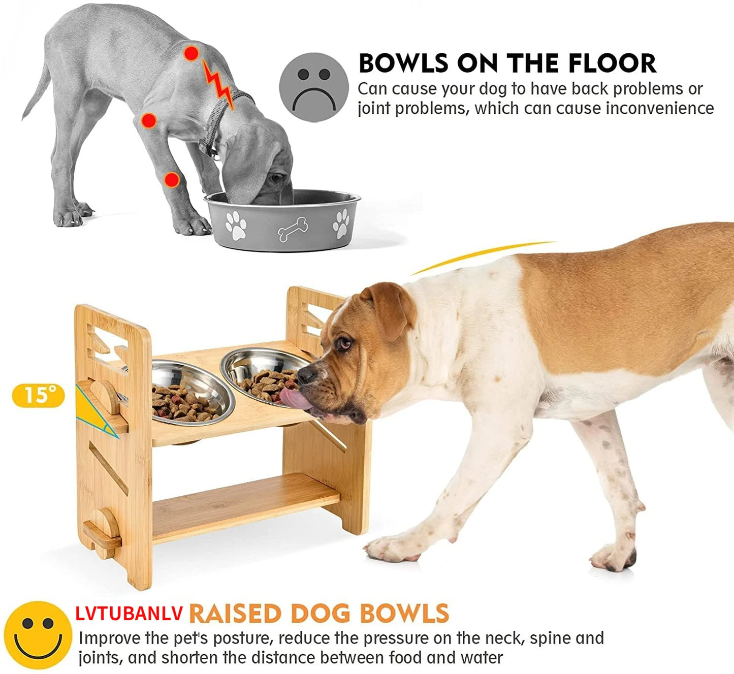 Raised Dog Bowl-Adjustable Elevated Dog Bowls for Large and Medium Dogs,Bamboo Elevated Dog Cat Food and Water Bowls Stand Feede