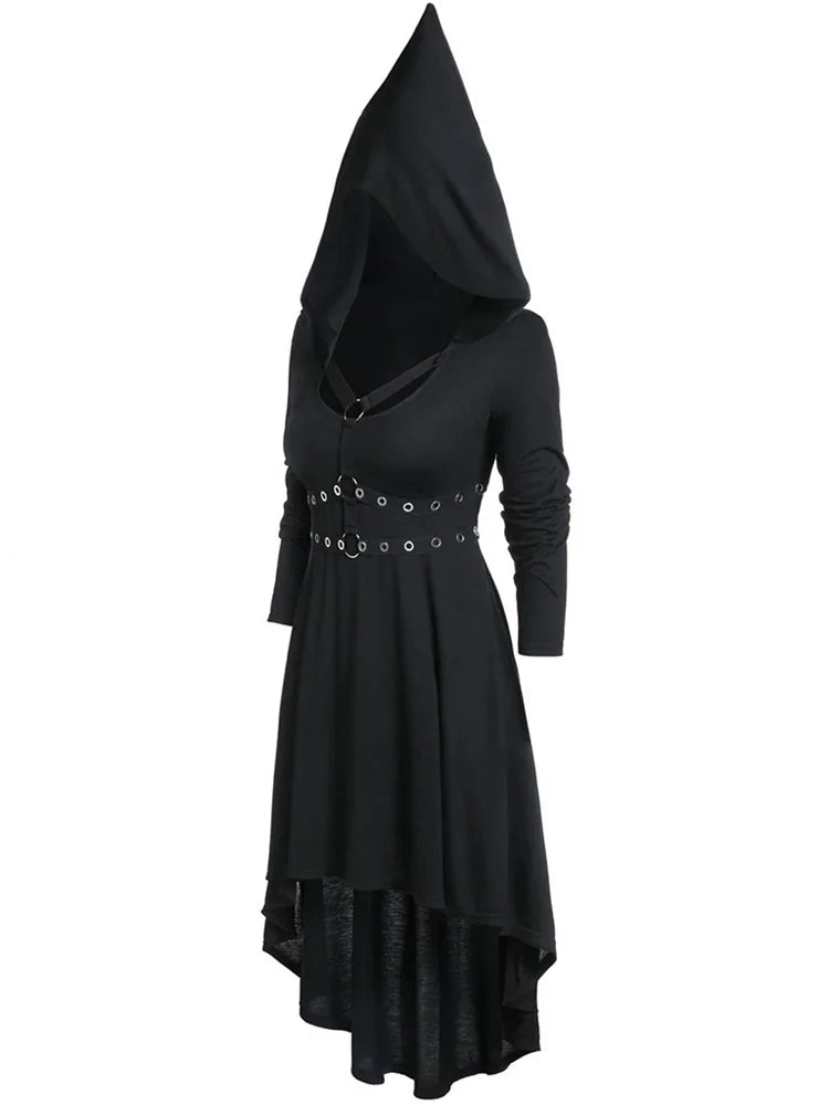 Gothic Dark Punk Black Medieval Hooded Dress