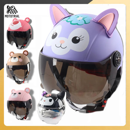 Half Helmets Kids Motorcycle kawaii cute cartoon Dual Lens Scooter bike Helmet Casco Vespa Village Riding Capacete De Helmets