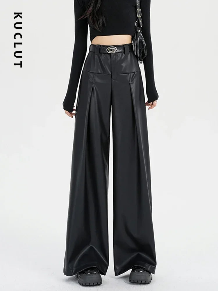 KUCLUT Faux Leather Pants High Waisted Velvet Casual Loose