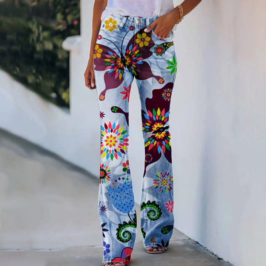 Women Retro Butterfly Printed Straight Jeans Casual comfortable