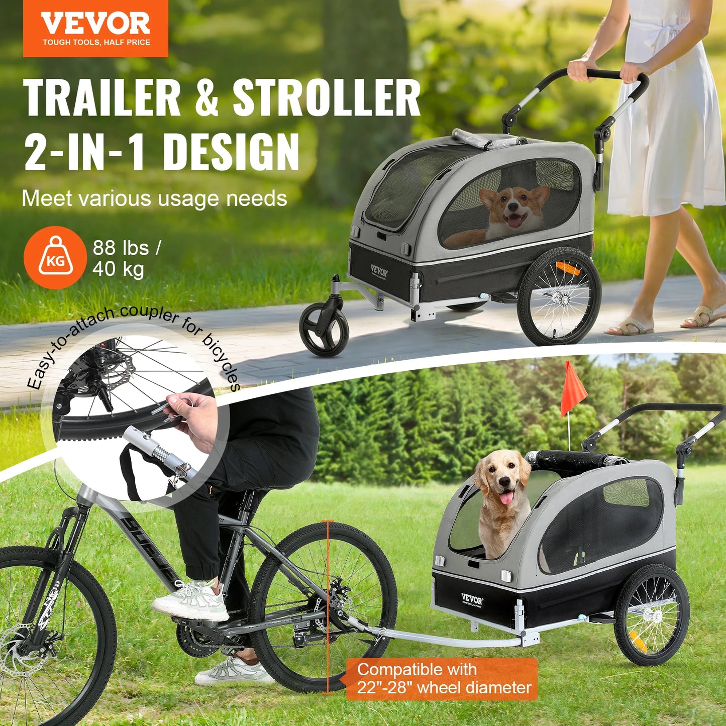 VEVOR 88 lbs 2-in-1 Pet Stroller Cart Bike Trailer