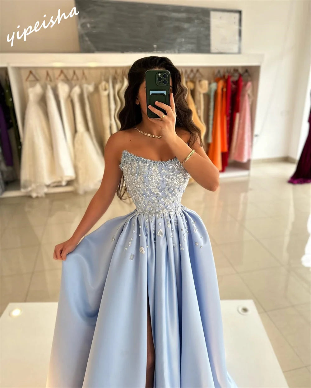 Yipeisha Prom Wedding Dinner Dress Exquisite Strapless Ball Gown Satin