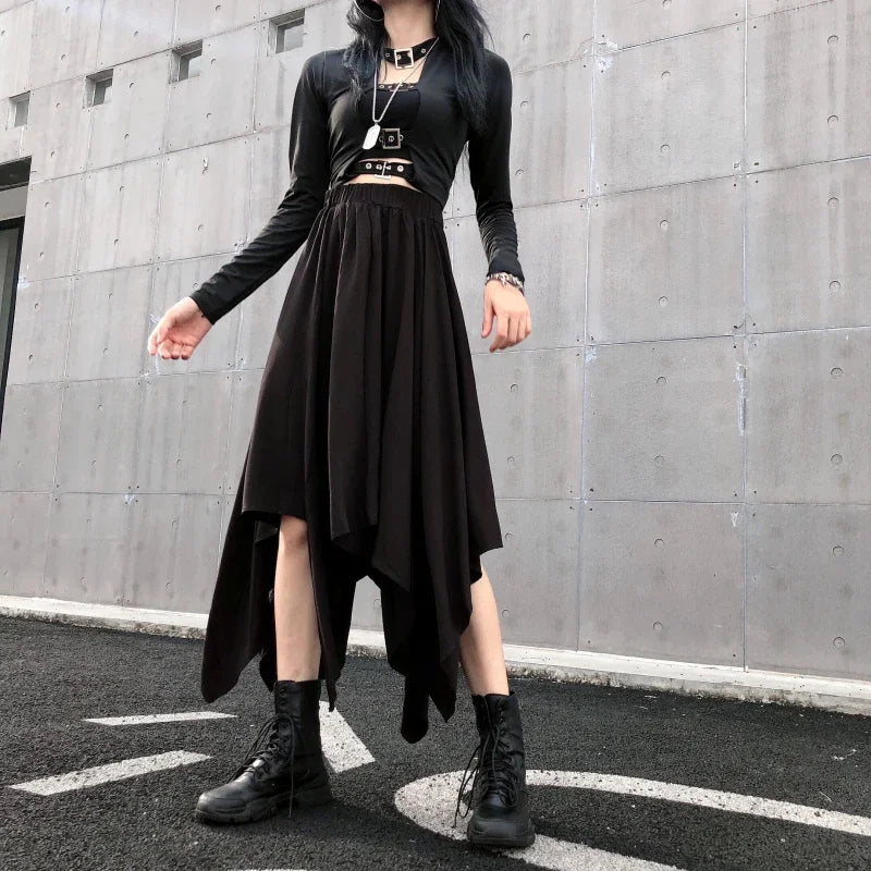 Dark Black Irregular High Waist Skirt Goth Punk