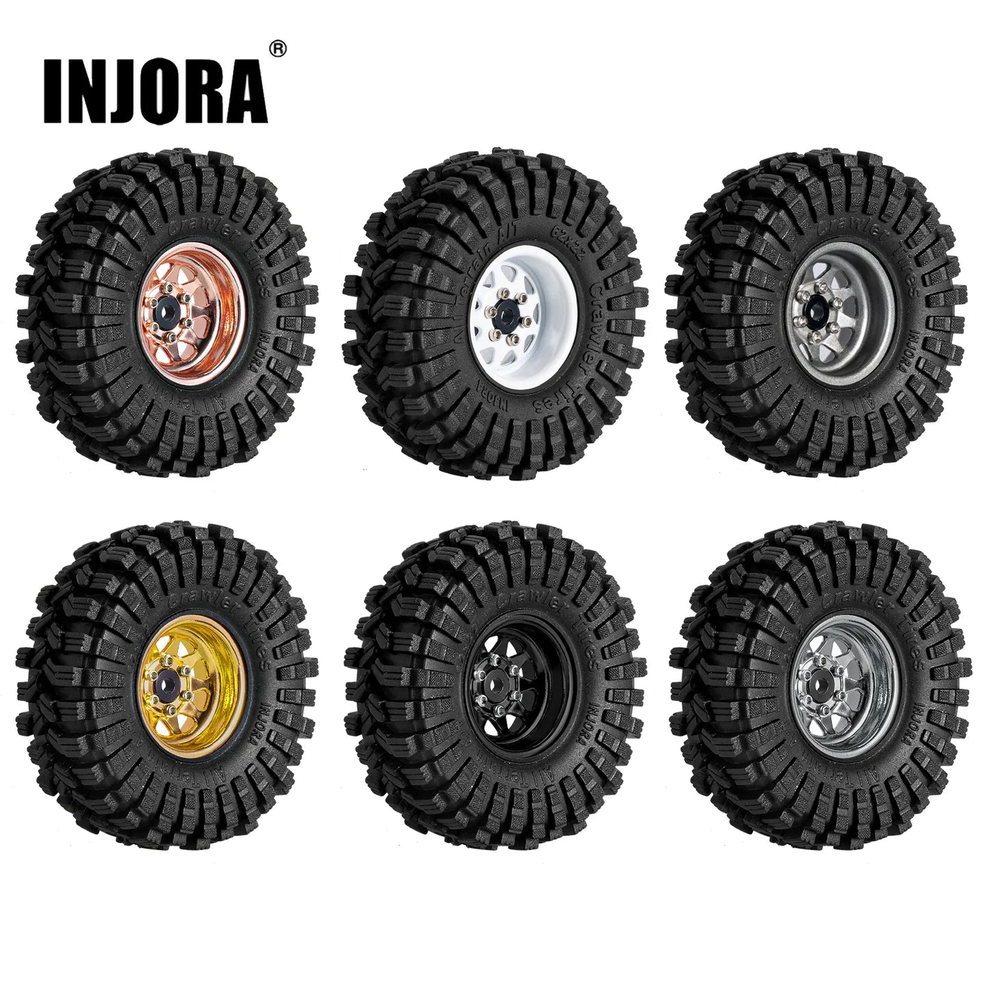 INJORA -3.78mm Offset 1.0" Beadlock Wheel Rims Tires Set for 1/18 1/24 RC Crawler Car Axial SCX24 FMS FCX24 TRX4M (W1004-T1014)